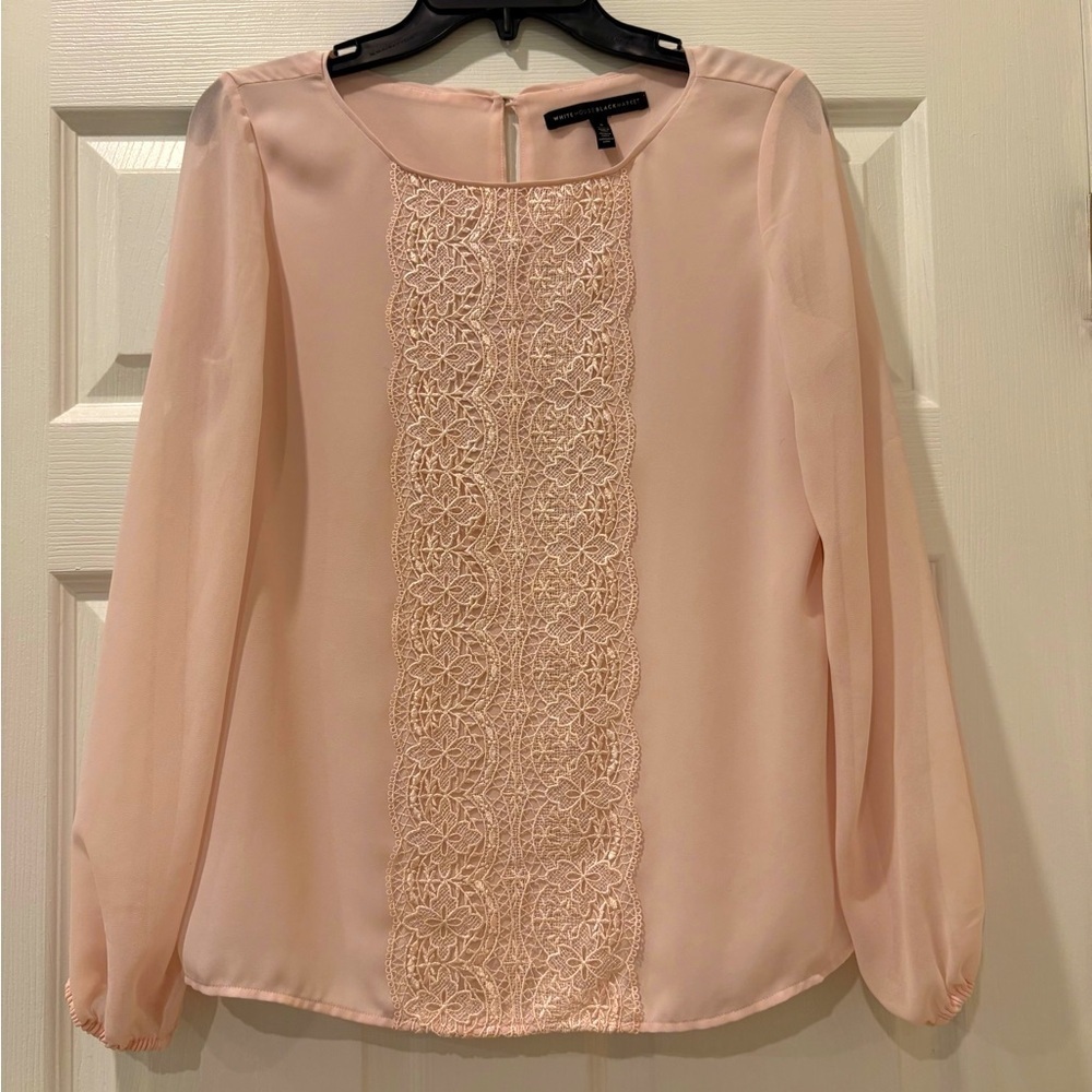 Women’s White House, black market, sheer dress blouse, baby pink size 4